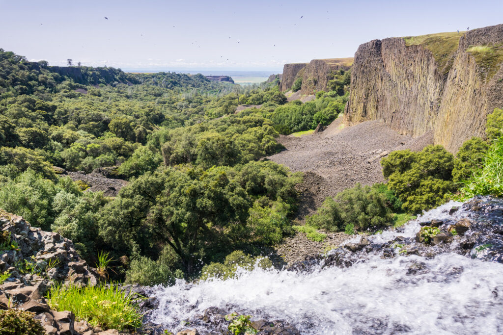Panoramic view of the valley from above Phantom Falls waterfall, North Table Mountain Ecological Reserve, Oroville, California.
